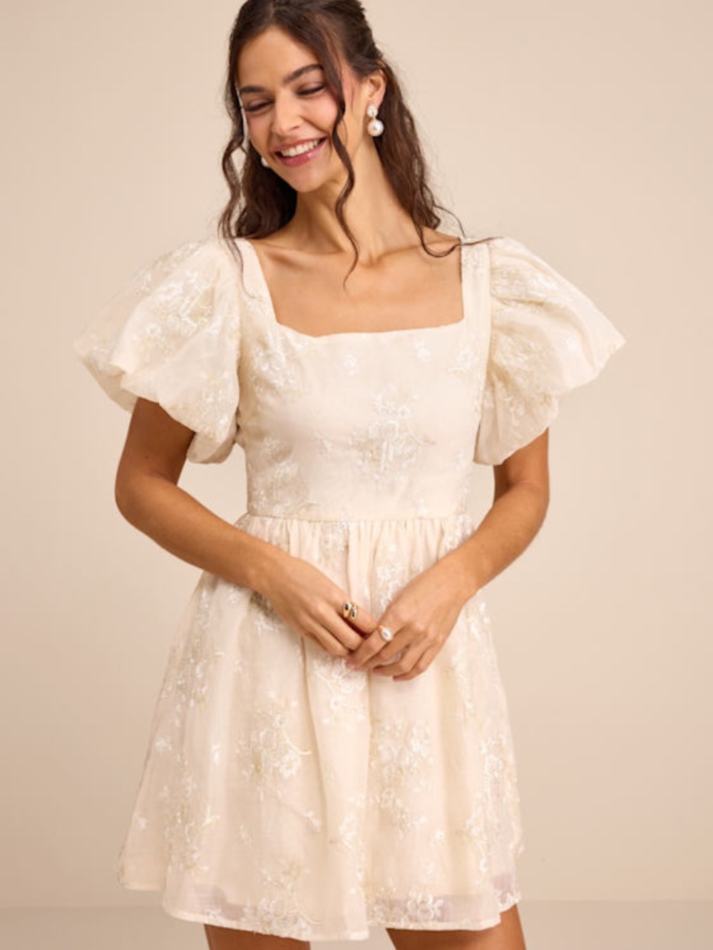 Lulus Cathaysa Cream Embroidered Puff Sleeve Bow Mini Dress White - Size M
